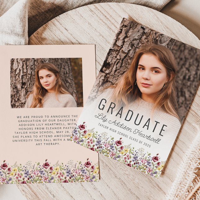 Boho Wildbloms  Rosa Photo Grad Announcement Inbjudningar (Skapare uppladdad)