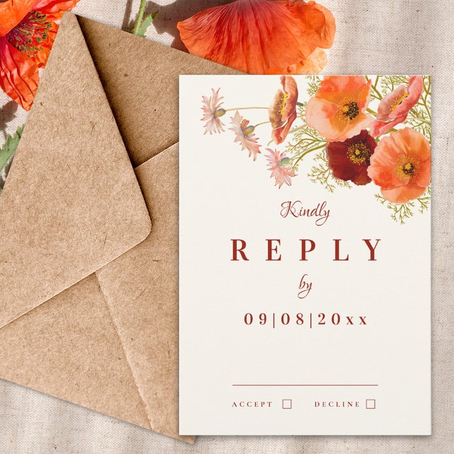 Boho Wildbloms svar på bröllopet (Modern wildflower boho fall wedding invitation reply with watercolor orange florals a elegant script)