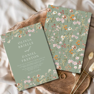 Boho Wildblomsage Sage Grönt Garden Wedding Inbjudningar