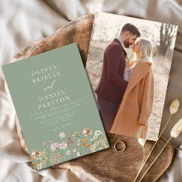 Boho Wildblomsage Sage Grönt Photo Garden Wedding Inbjudningar