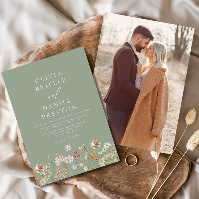 Boho Wildblomsage Sage Grönt Photo Garden Wedding Inbjudningar (Skapare uppladdad)