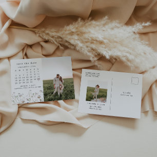 Boho Wildblomskalender Spara datumfoto Vykort