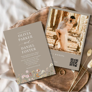 Boho Wildblomskod QR-kod Photo Taupe Bröllop Inbjudningar