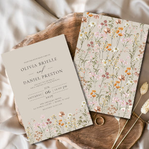 Boho Wildblomtaupe Beige Garden Wedding Inbjudningar