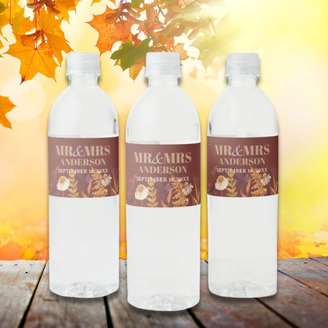 Boho WildblomTerracotta Autumn Fall Wedding Vattenflaskor Etikett (Boho Wildflower Terracotta Autumn Fall Wedding Water Bottle Label)