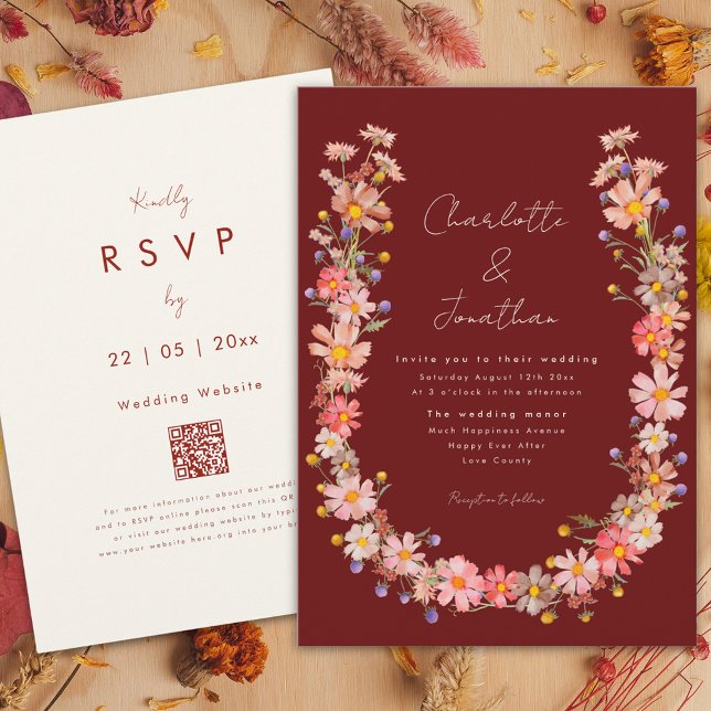 Boho WildblomTerracotta Fall Wedding Inbjudningar (Wildflower Dried flower wreath terracotta fall wedding invitation )