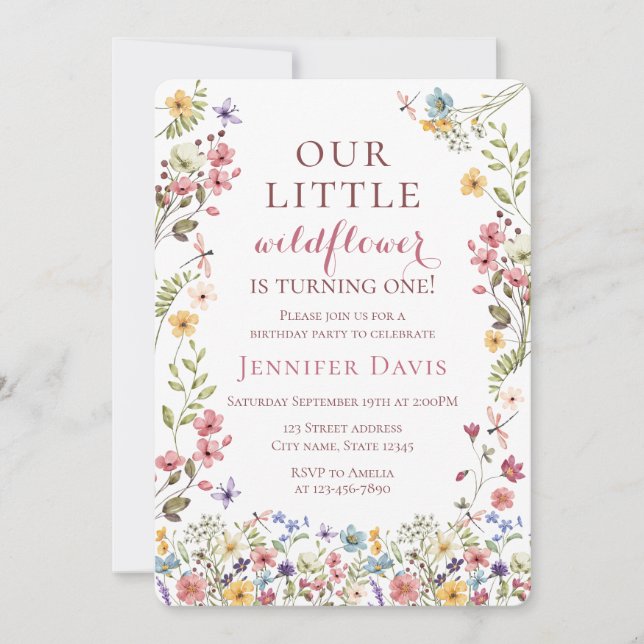 Boho Wildflower 1st Birthday Invitation Inbjudningar (Framsida)