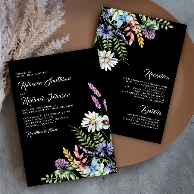 Boho Wildflower All in One Svart Bröllop Inbjudningar (Skapare uppladdad)