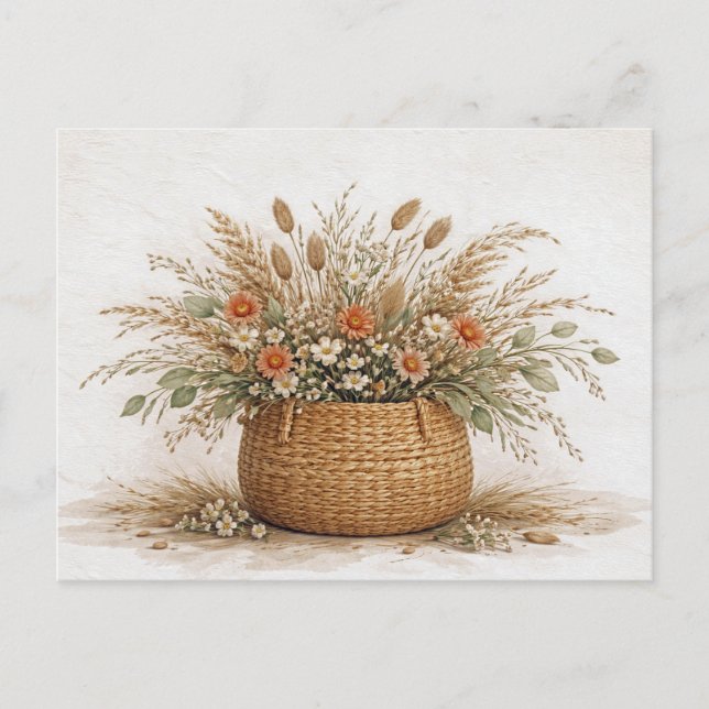 Boho Wildflower Basket Dried Botanical Watercolor  Vykort (Framsida)