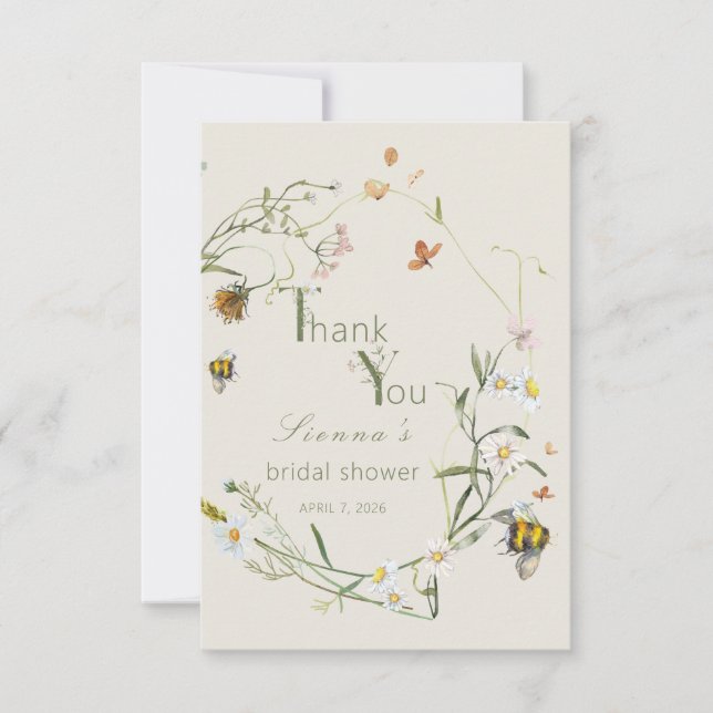 Boho Wildflower Bie Beige Bröllopsdusch Tack Kort (Framsida)