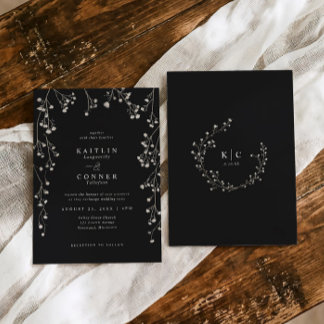 Boho Wildflower Black White Baby's Breath Wedding Inbjudningar