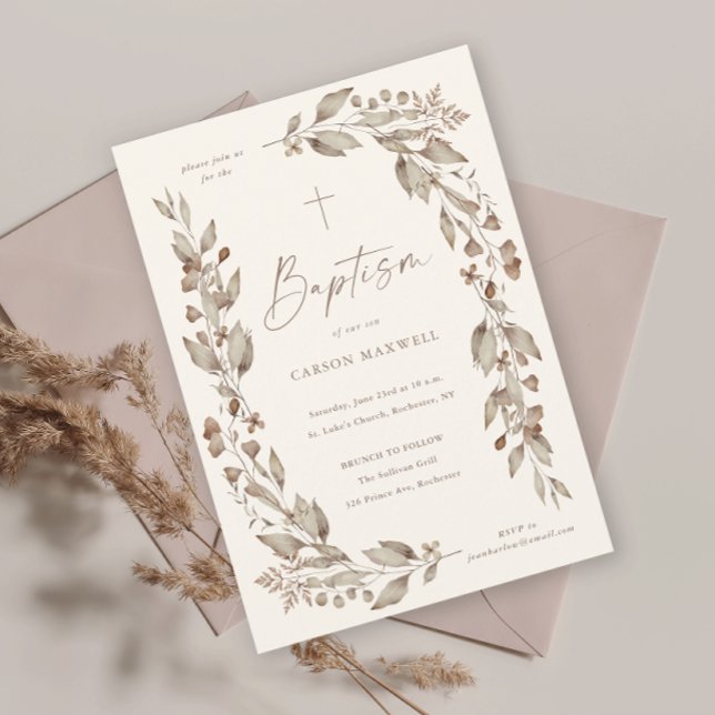 Boho Wildflower Blommig Könsneutral Dopceremoni Inbjudningar (Boho wildflower elegant ivory gender neutral baptism christening invitation.)