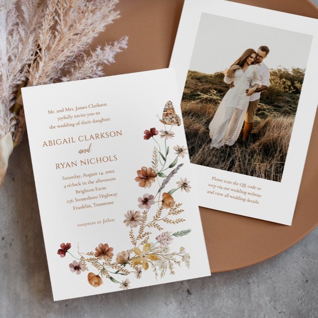 Boho Wildflower Blommig QR-kod Foto Bröllop Inbjudningar (Skapare uppladdad)