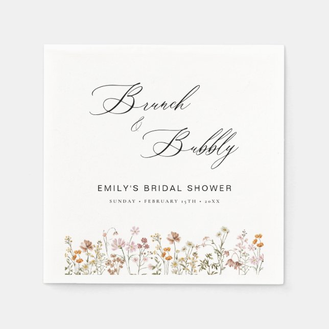 Boho Wildflower Brunch & Bubbly  Bröllopsdusch Pappersservett (Framsidan)