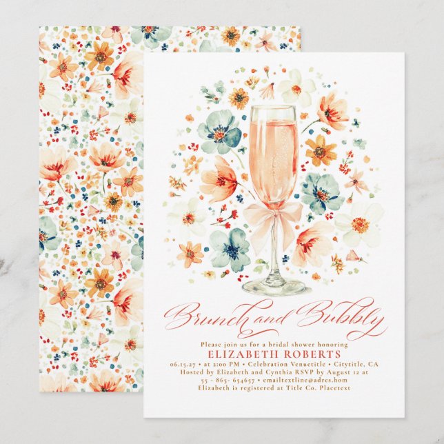 Boho Wildflower Brunch och Bubbly Bröllopsfest Inbjudningar (Fram/baksida)