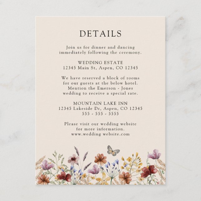 Boho Wildflower Detaljer Bröllop  Tilläggskort (Framsida)