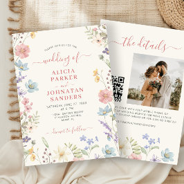 Boho wildflower elegant script QR code wedding Inbjudningar
