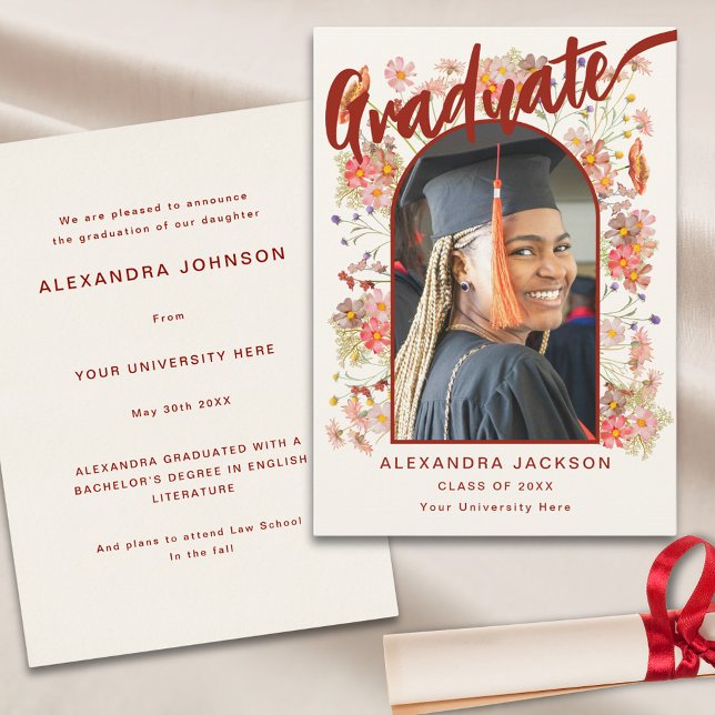 Boho Wildflower Examen Foto Manus Inbjudningar (Boho wildflower grad photo elegant script graduation announcement card )