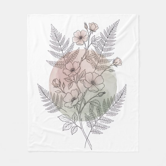 Boho Wildflower Fern Botanisk Linje Konst Dammt Ro Fleecefilt (Framsidan)