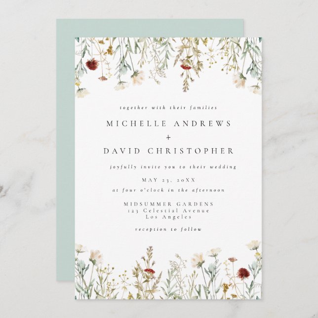 Boho Wildflower Field Wedding Invitation Inbjudningar (Fram/baksida)