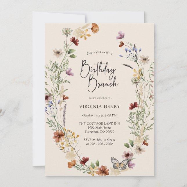 Boho Wildflower Födelsedagsbrunch Inbjudningar (Framsida)