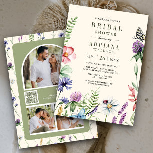 Boho Wildflower Foto QR-kod Kräm Bröllopsdusch Inbjudningar