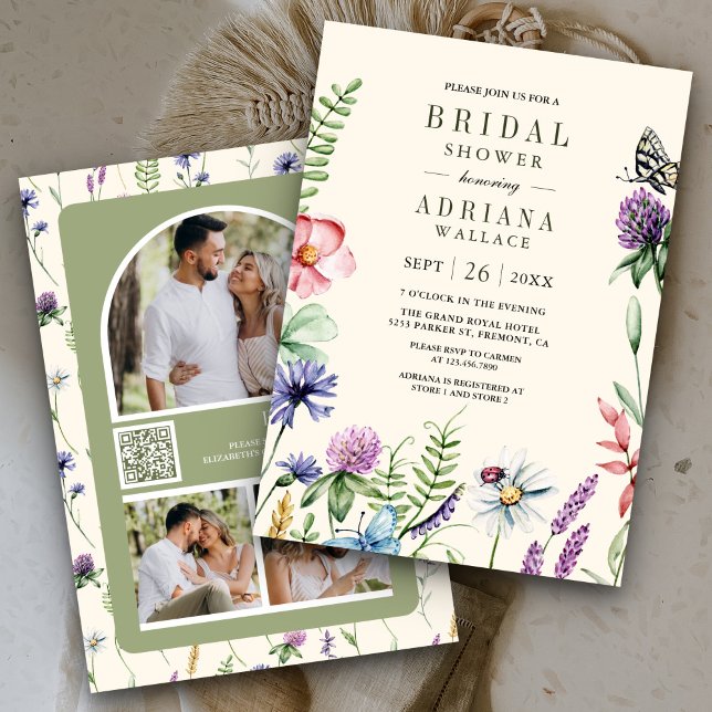Boho Wildflower Foto QR-kod Kräm Bröllopsdusch Inbjudningar (Skapare uppladdad)