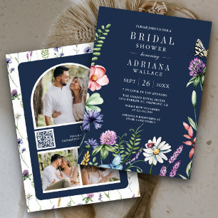 Boho Wildflower Foto QR-kod Navy Bröllopsdusch Inbjudningar