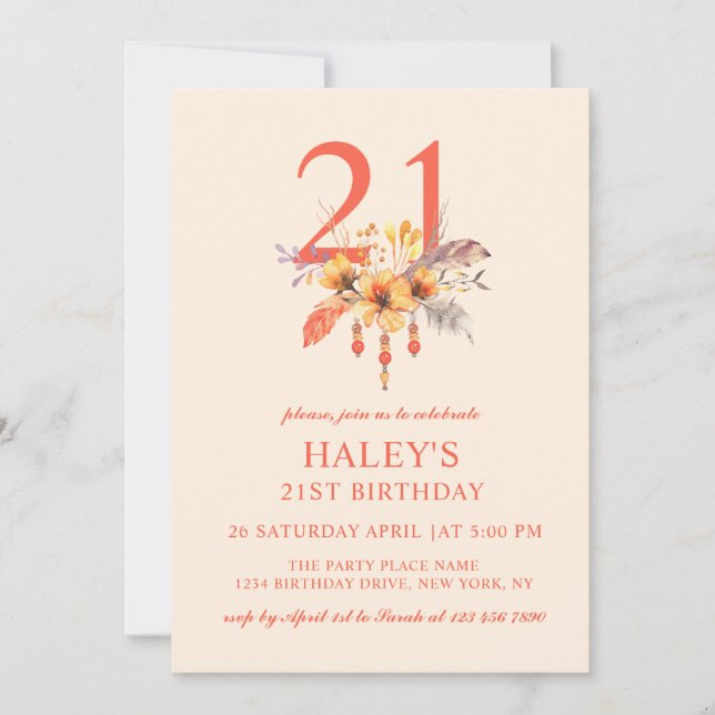 Boho Wildflower Höst Höst Blommig 21-års födelseda Inbjudningar (Framsida)