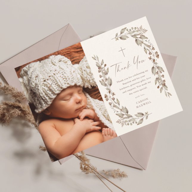 Boho Wildflower Könsneutral Foto Dop Tack Kort (Boho wildflower elegant ivory gender neutral photo baptism thank you card.)