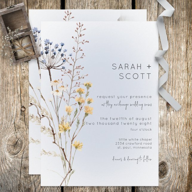 Boho Wildflower Modern Blue Wedding Invitation Inbjudningar (Skapare uppladdad)