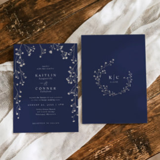 Boho Wildflower Navy Blue Baby's Breath Wedding Inbjudningar