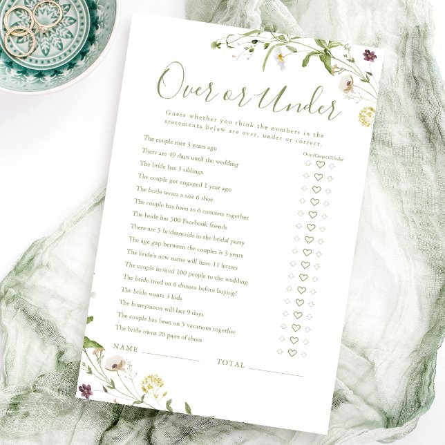 Boho Wildflower Över eller under bröllopsdusch spe (Boho Wildflower Over or Under bridal shower game)