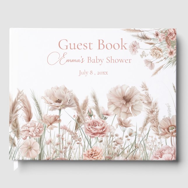 Boho Wildflower Rosa Blommig Gästbok för Baby Show (Framsida)