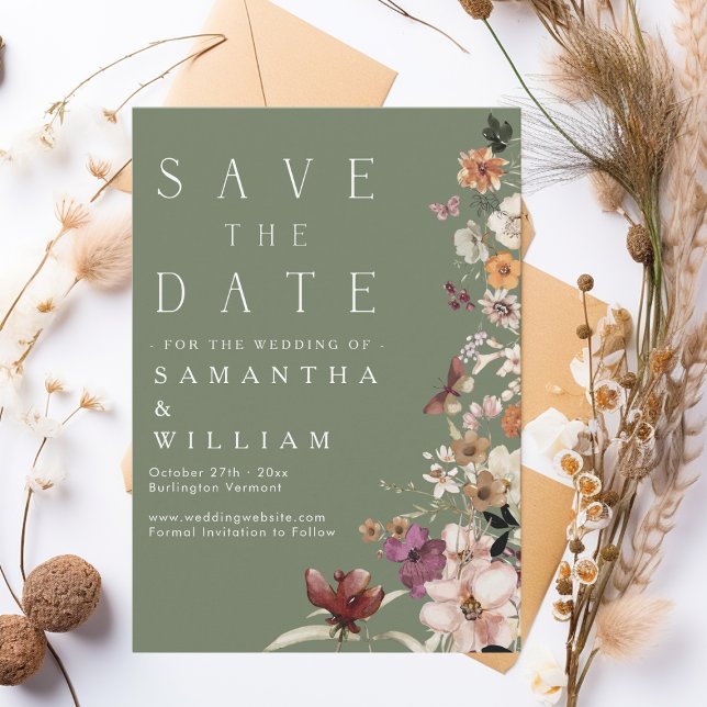 Boho Wildflower Rustic Sage Green Save The Date Inbjudningar (Skapare uppladdad)
