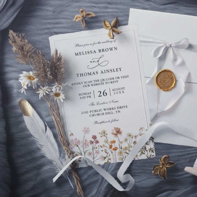 Boho Wildflower Rustik Budget QR-kod Bröllop Inbjudningar (Skapare uppladdad)