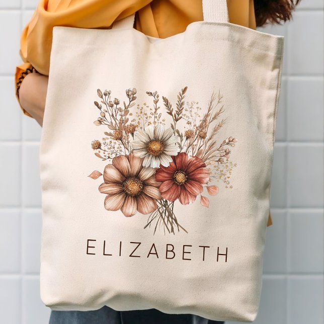 Boho Wildflower Sjungfyllda Bröllopsfest Anpassat  Tygkasse (Rustic Autumn Floral Personalized Bridesmaid | Bachelorette Party | Mother’s Day | Mama tote Bag)