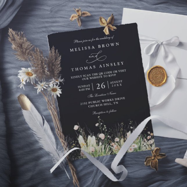 Boho Wildflower Svart Elegant QR-kod Bröllop Inbjudningar (Skapare uppladdad)