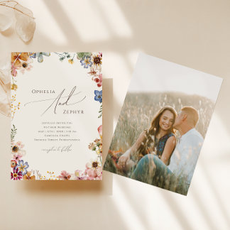 Boho Wildflower Trädgård Beige Foto Casual Bröllop Inbjudningar