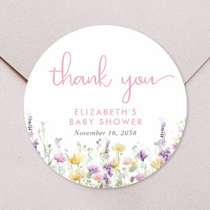 Boho Wildflower Watercolor Bebis Shower Tackkort Runt Klistermärke