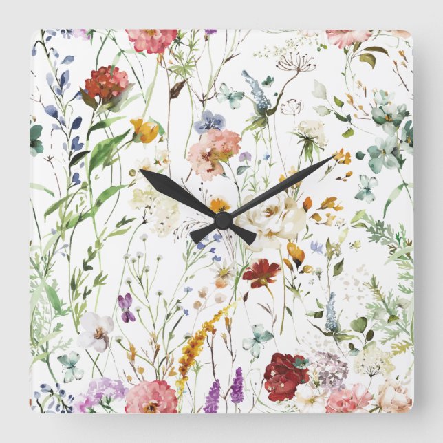Boho Wildflower Watercolor Vårblomma Fyrkantig Klocka (Framsida)
