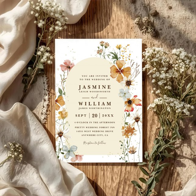Boho Wildflowers Äng Båg Chic QR-kod Bröllop Inbjudningar (Skapare uppladdad)
