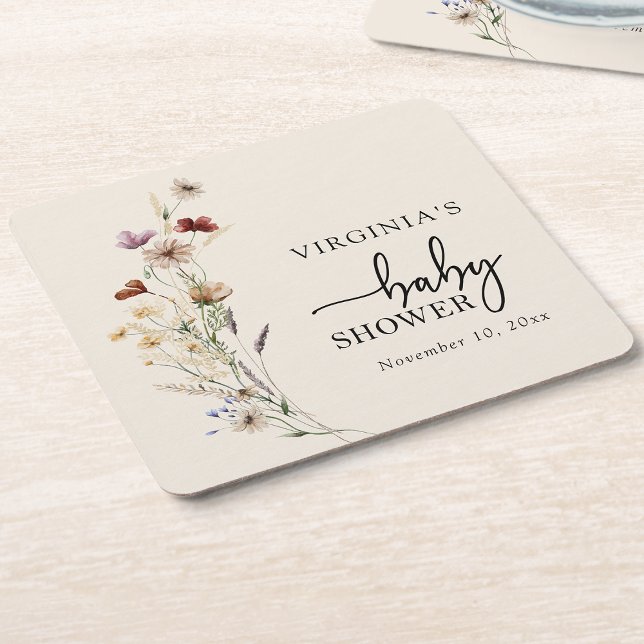 Boho Wildflowers Baby Shower Coasters Underlägg Papper Kvadrat (Boho Wildflowers Baby Shower Coasters by Painted Paperie
)
