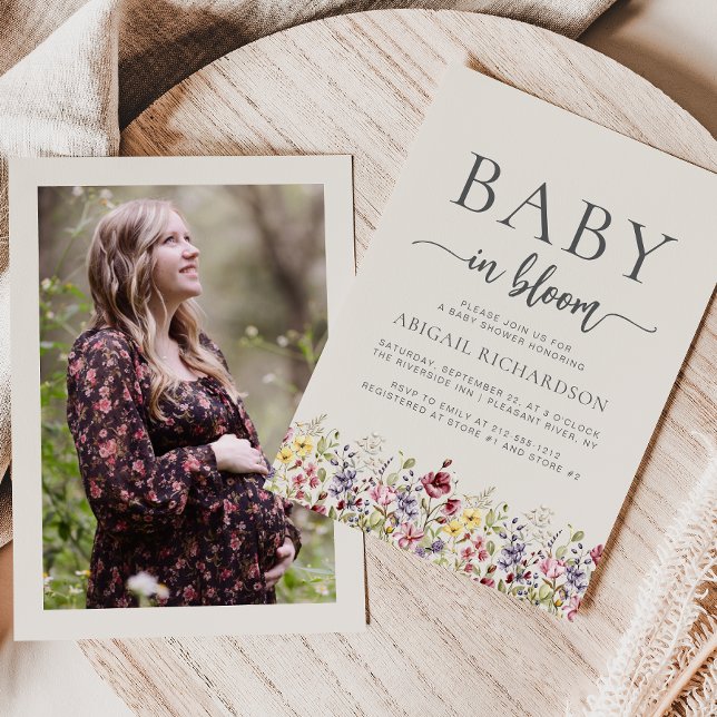 Boho Wildflowers Beige Foto Babykalas Inbjudningar (Skapare uppladdad)
