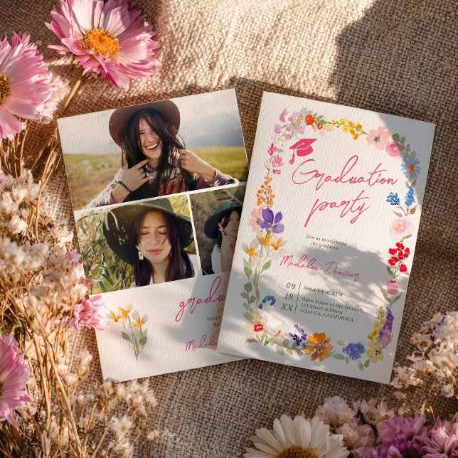 Boho Wildflowers Blommig 3 Foto Examenfest Inbjudningar (Boho Wildflowers Floral 3 Photo Graduation Party Invitation)