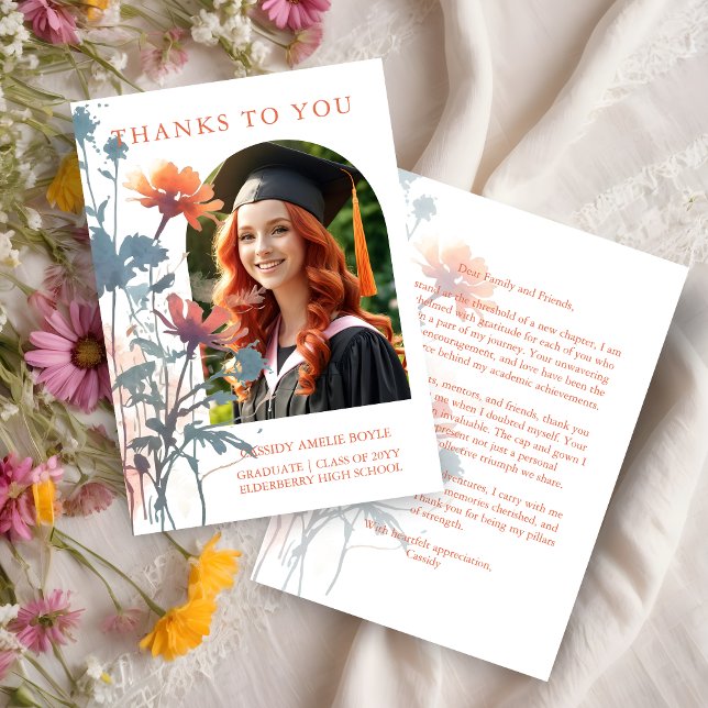 Boho Wildflowers Bunch Photo Modern Arch Graduate Tack Kort (Boho Wildflowers Bunch Photo Modern Arch Frame Graduate Thank You Card.)