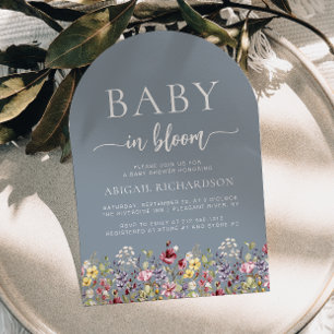 Boho Wildflowers Dammtorrt Blått Valv Babyfirande Inbjudningar