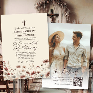 Boho Wildflowers Foto & QR-kod Katolsk Bröllopsinb Inbjudningar
