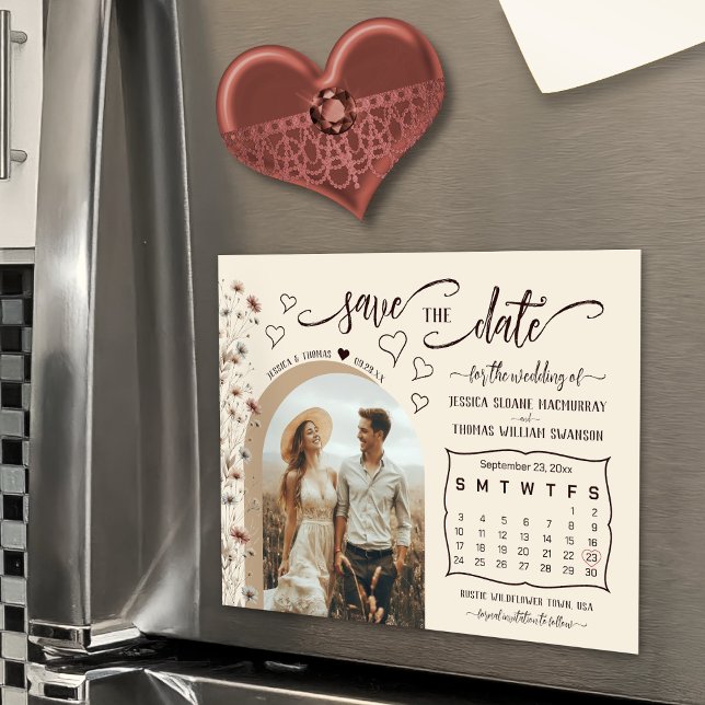 Boho Wildflowers Kalender & Foto Spara Datumet Magnetisk Inbjudningskort (Magnetic for Convenient Display!)