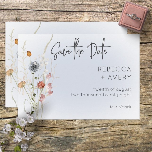 Boho Wildflowers Modern Blue Save the Date Card Spara Datumet (Skapare uppladdad)